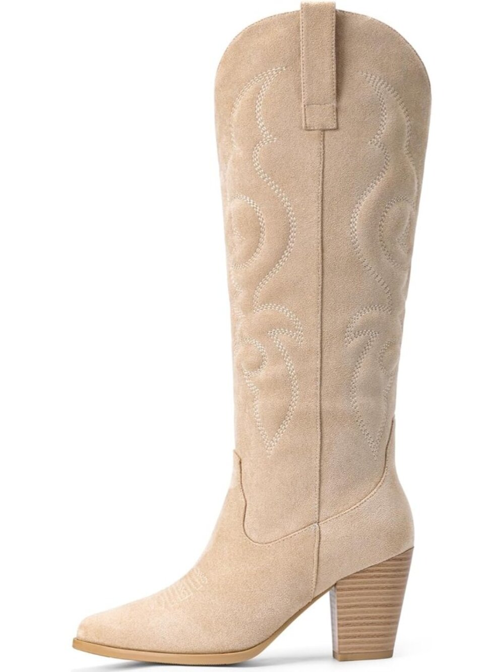 Women’s Beige Suede Embroidered Mid Calf Pointed Toe Chunky Heel Cowboy Boots